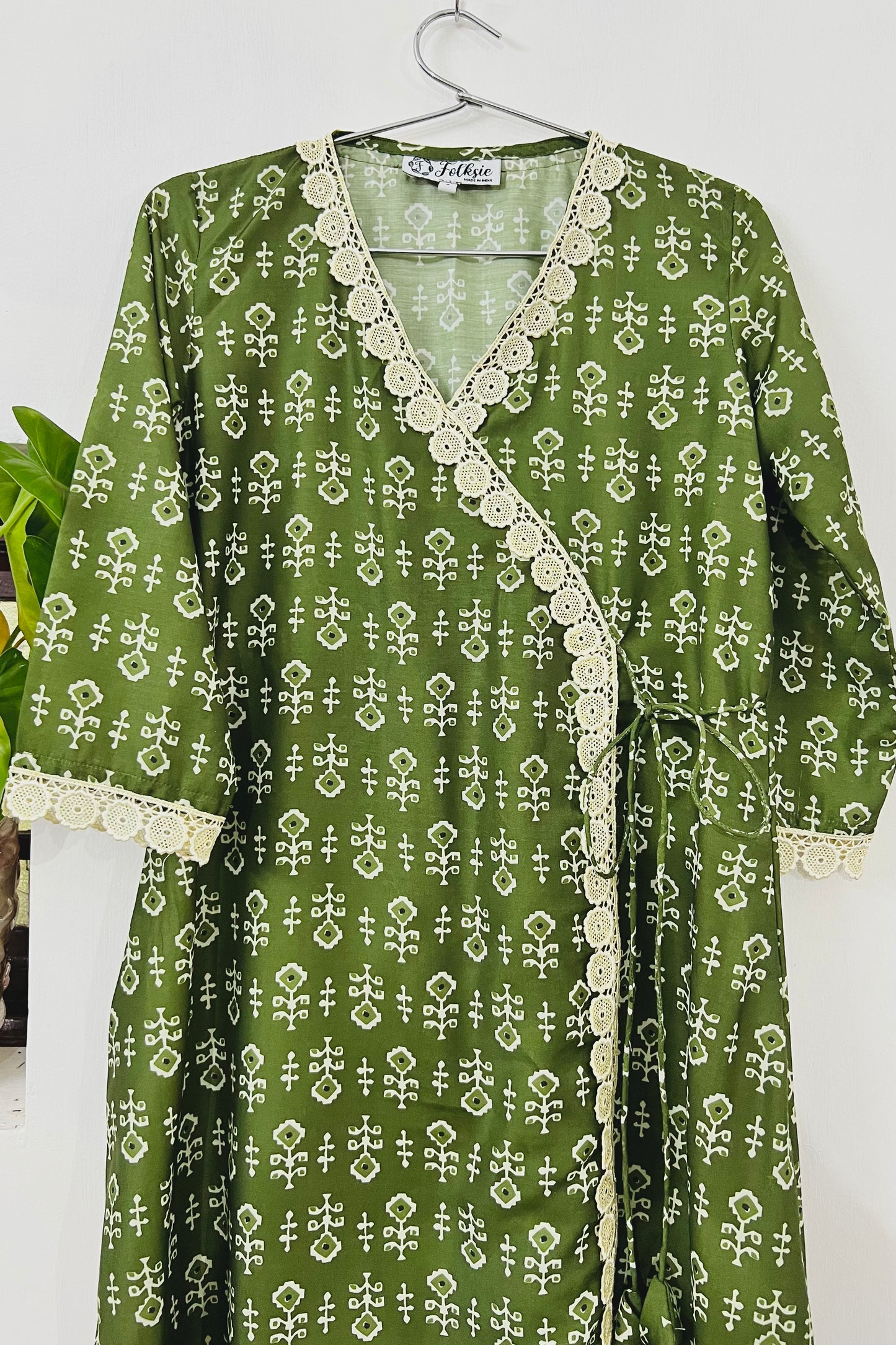 Green Cotton-Muslin Angrakha Kurta with Floral Lace Work