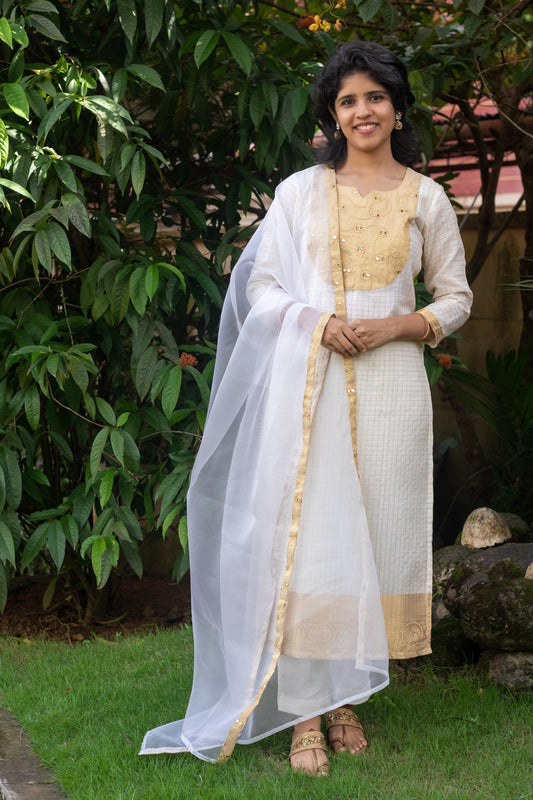 Kasavu Organza Straight Cut Kurta with Mirror Work, Pant & Dupatta