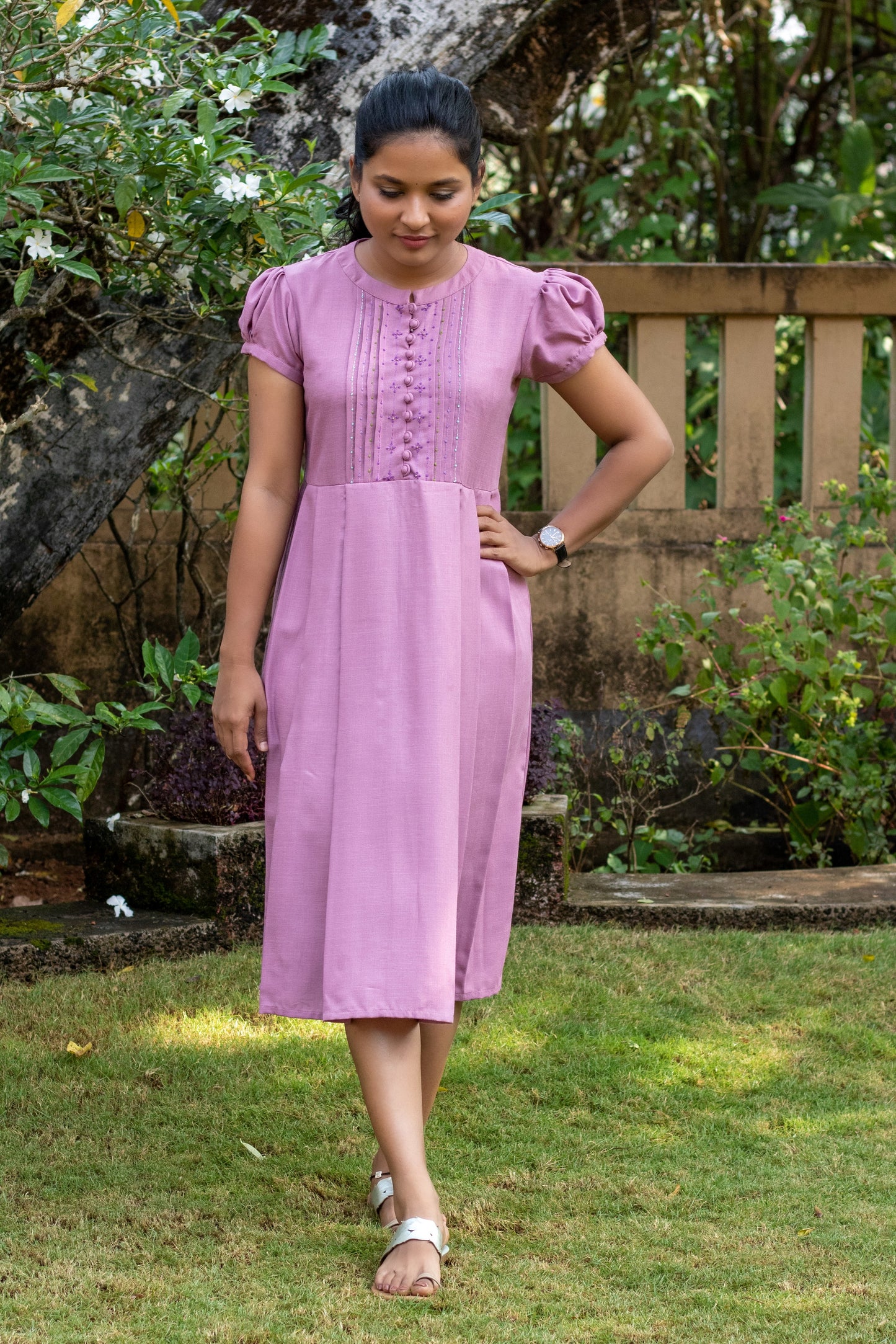 Lilac Hand Embroidered Puff Sleeve Dress