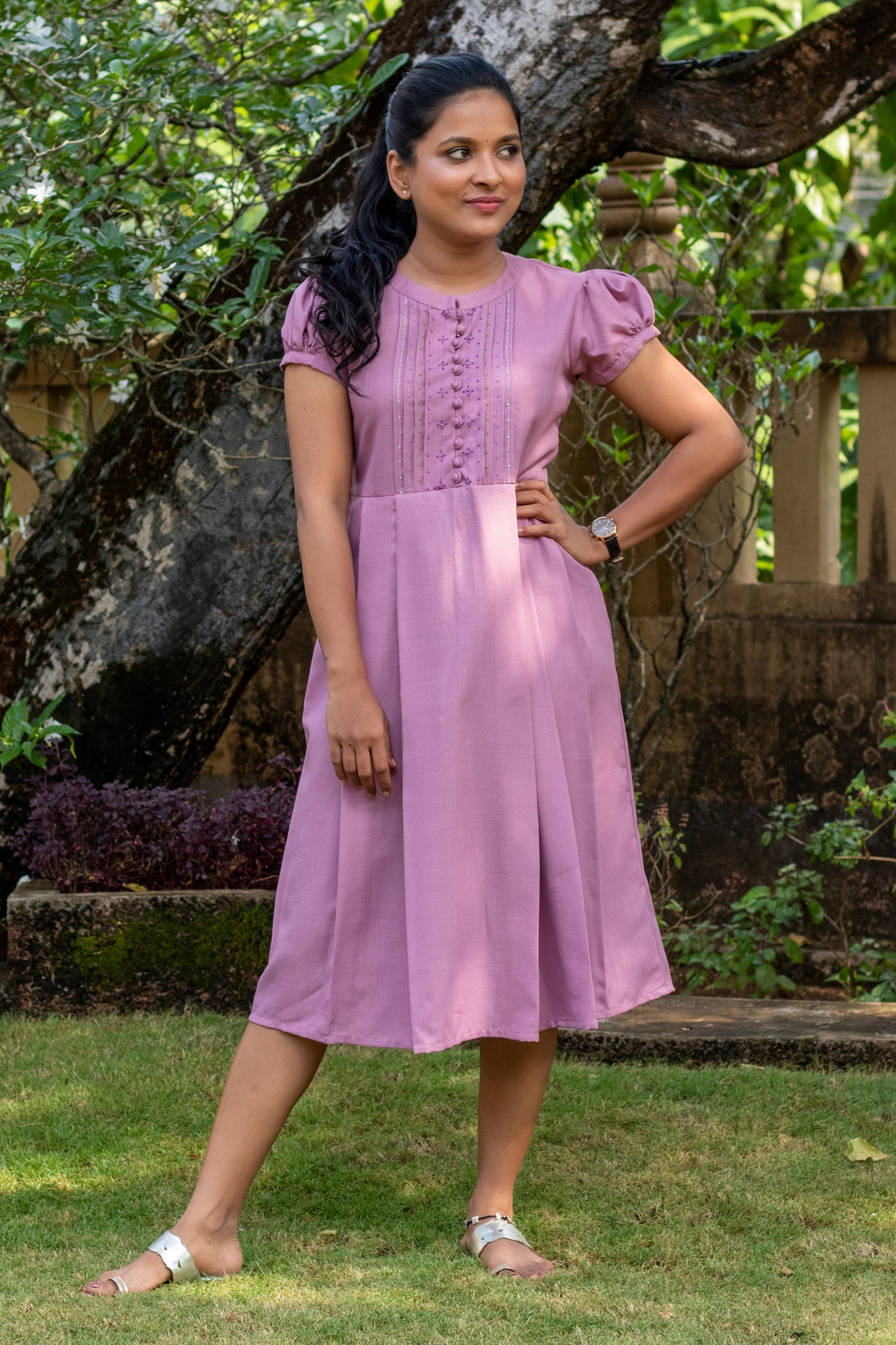 Lilac Hand Embroidered Puff Sleeve Dress