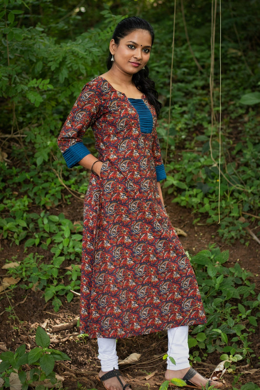 Maroon Kalamkari Kurta with Blue Pintucks