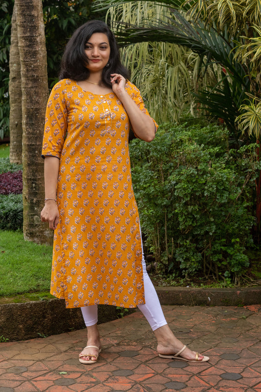 Mustard with Blue Motif Block Print Kurta with Handwork