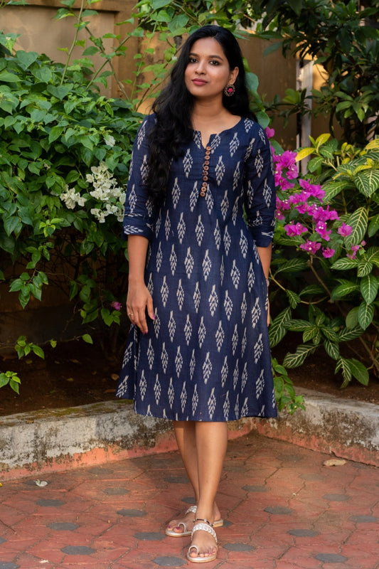 Navy Blue Ikat A-Line Dress