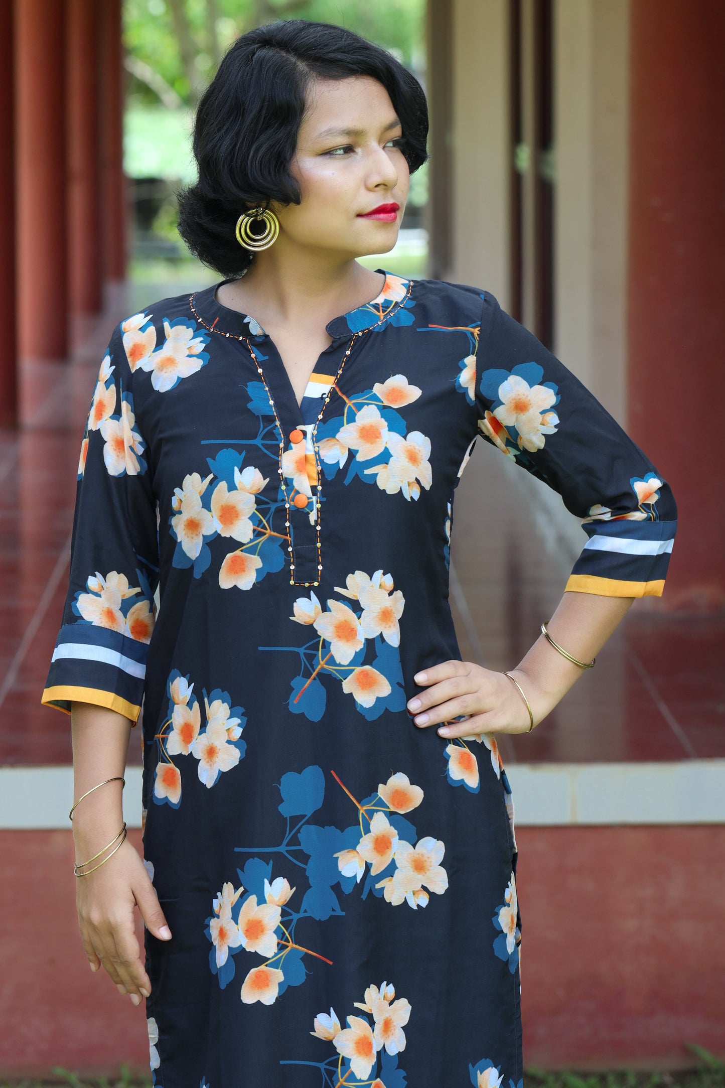 Navy Blue & Yellow Floral Collared Kurta with Striped Palazzo