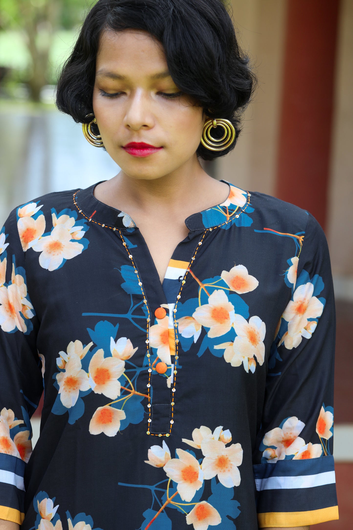 Navy Blue & Yellow Floral Collared Kurta with Striped Palazzo