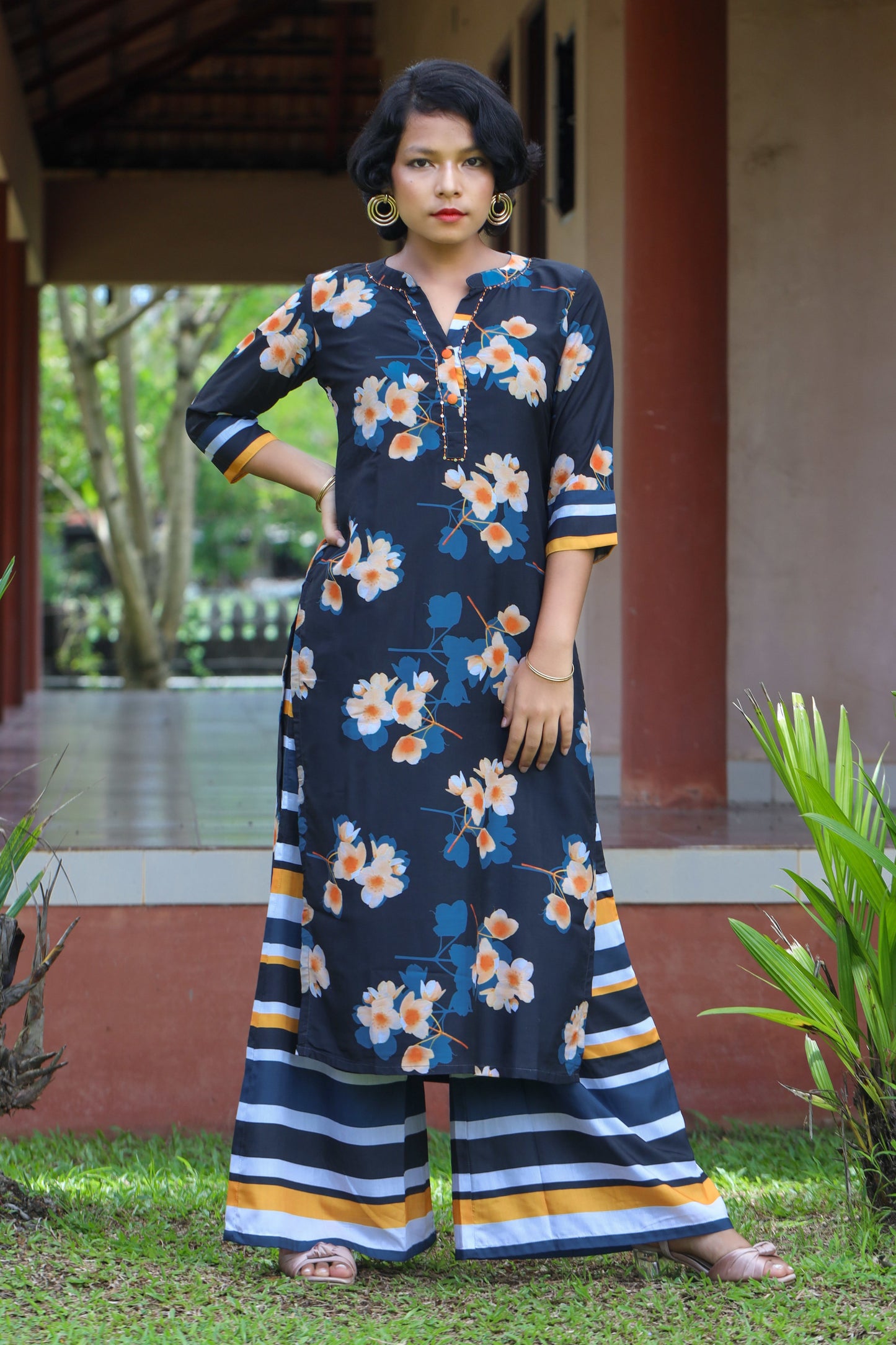 Navy Blue & Yellow Floral Collared Kurta with Striped Palazzo