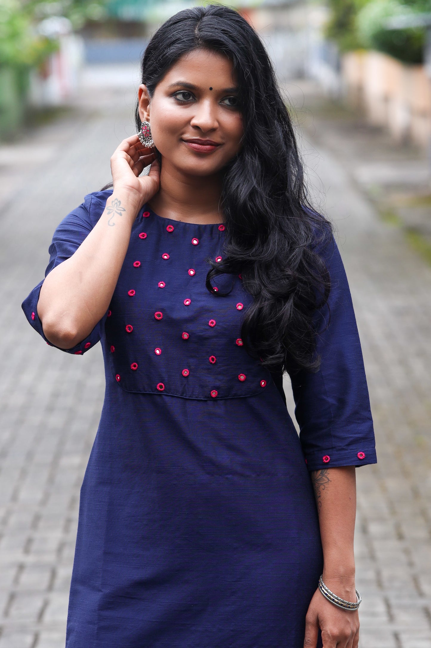 Navy Blue Kurta with Pink Mirror Handwork