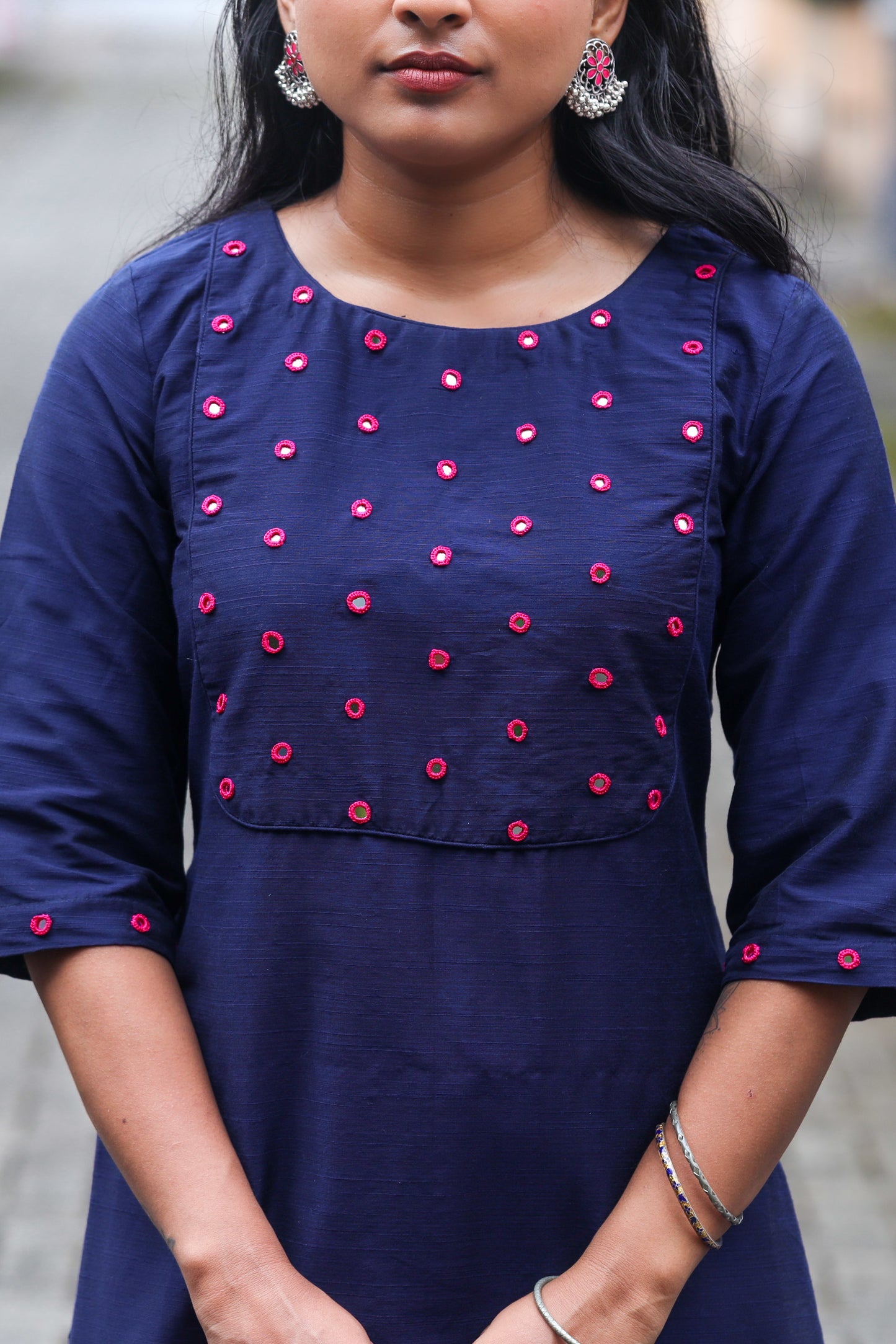 Navy Blue Kurta with Pink Mirror Handwork