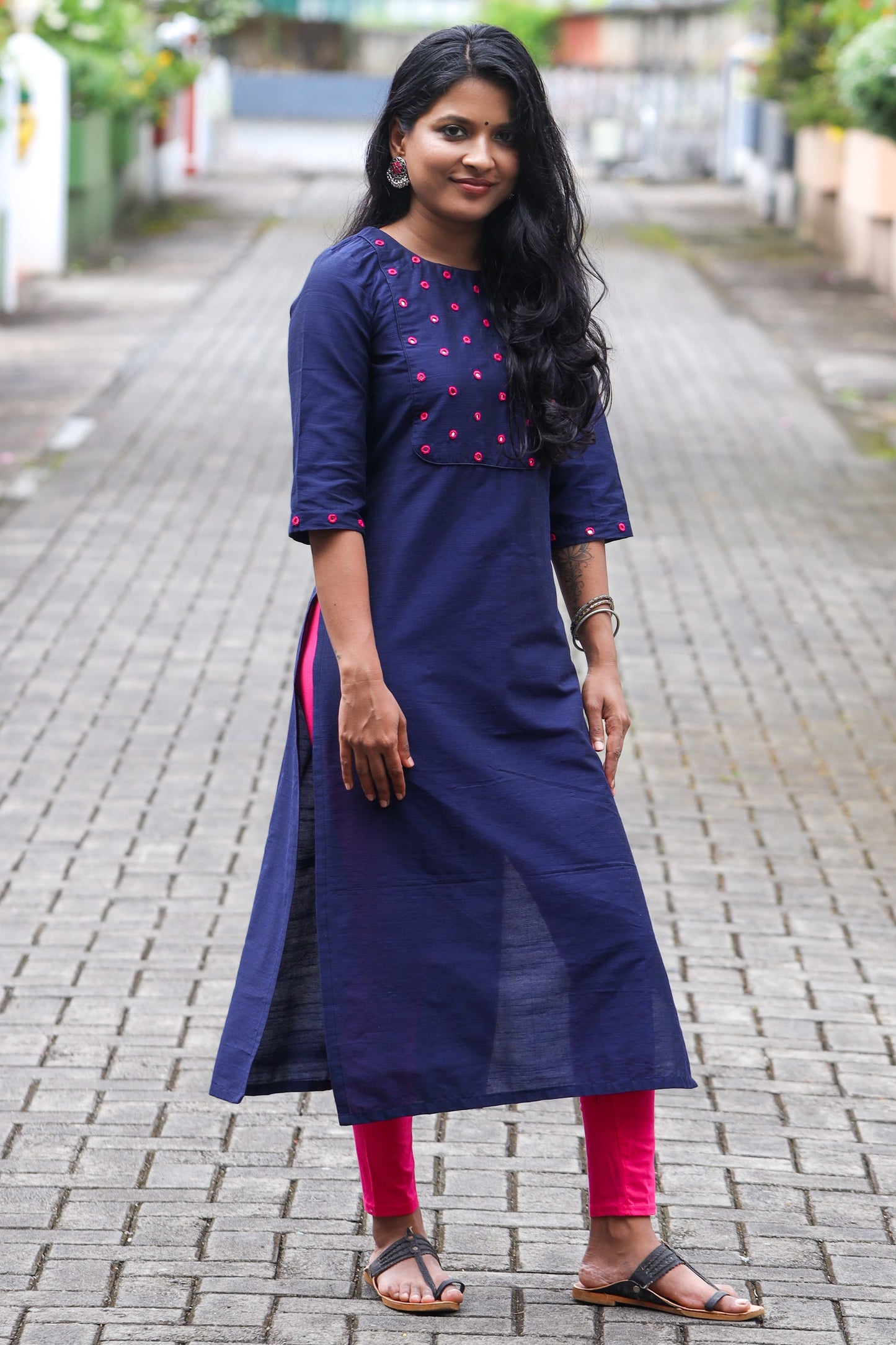 Navy Blue Kurta with Pink Mirror Handwork