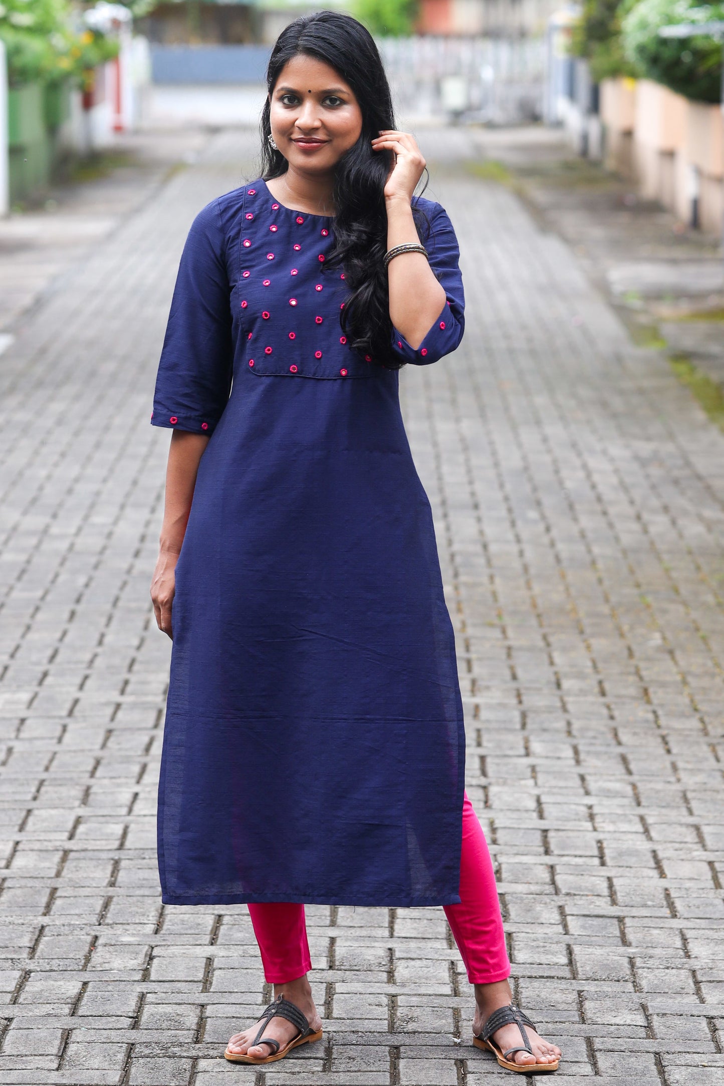 Navy Blue Kurta with Pink Mirror Handwork