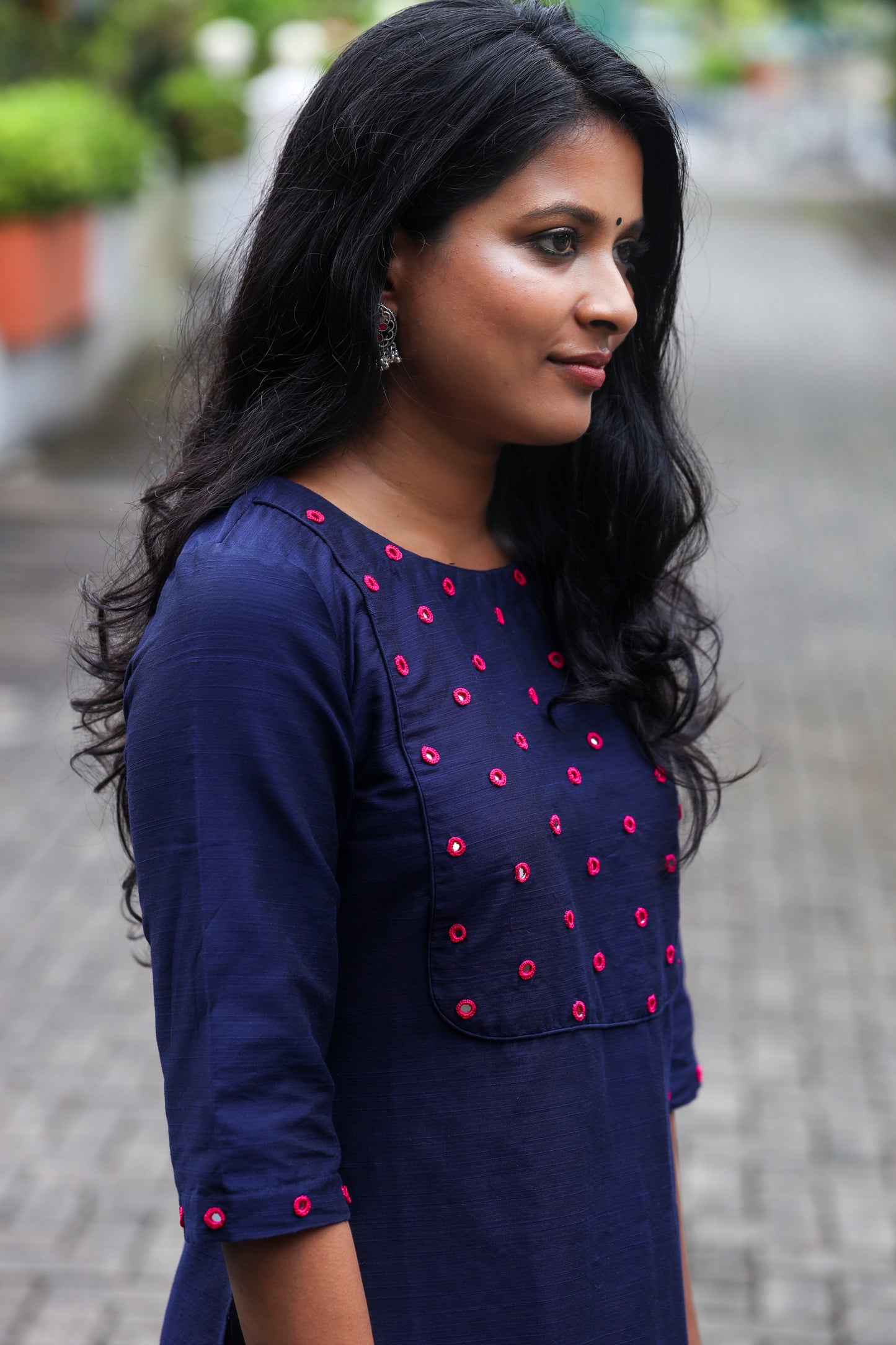 Navy Blue Kurta with Pink Mirror Handwork