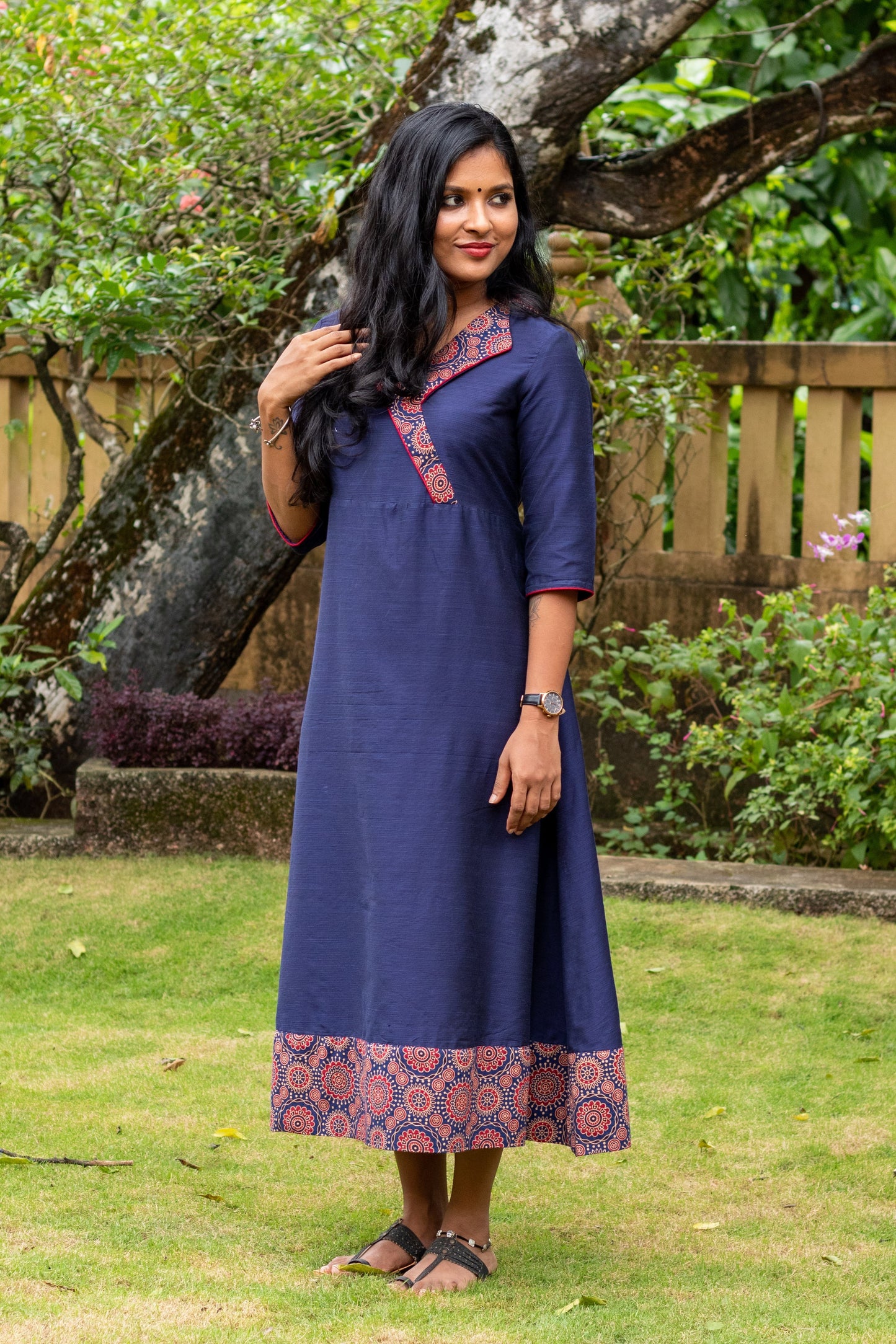 Navy Blue Kurta - Dress with Ajrakh Collar