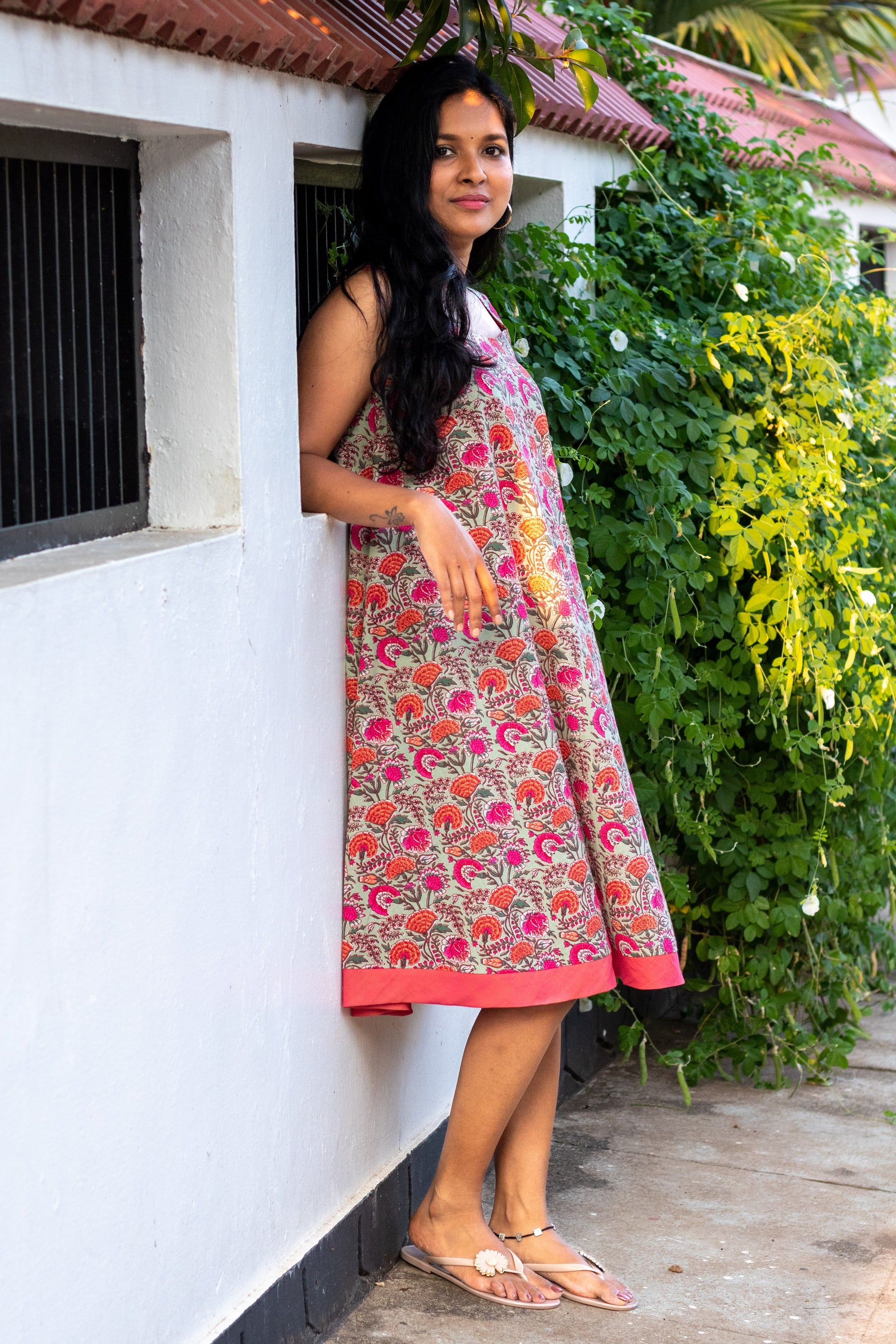 Pastel Green & Pink Floral Day Dress Folksie Pastel Green & Pink Floral Day Dress Folksie