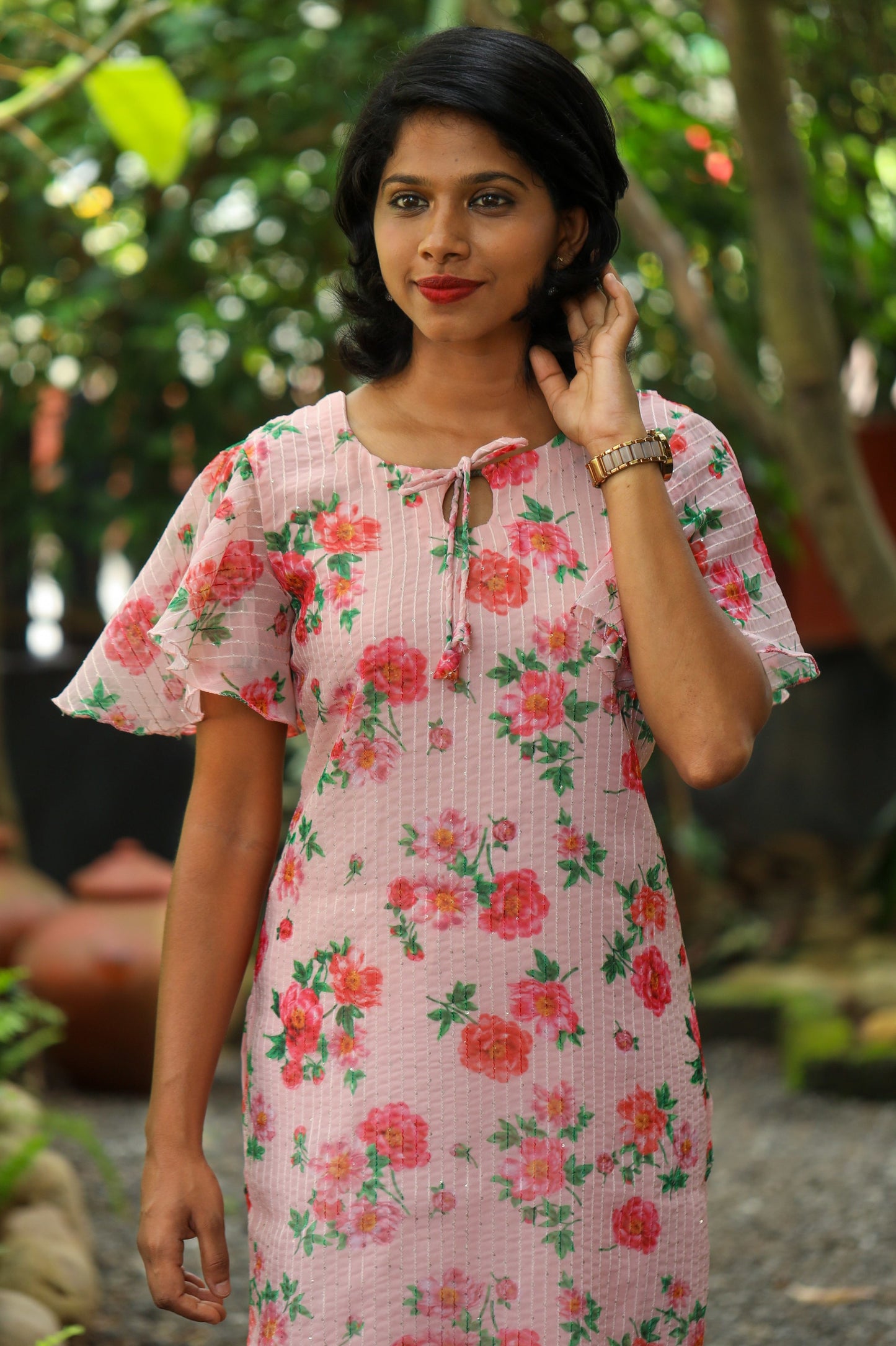 Peach Floral Kurta in Sequins Embroidered Georgette