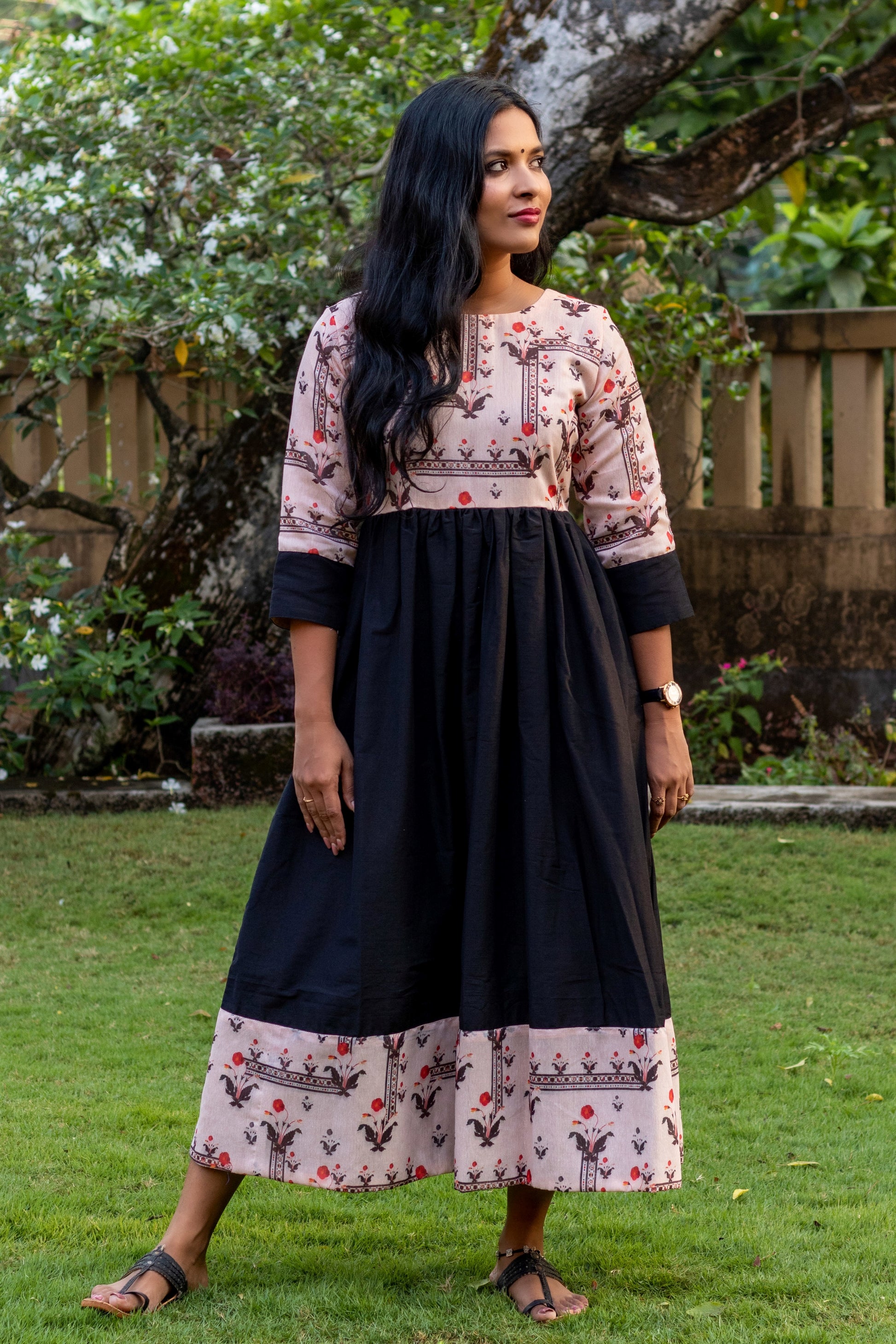 Peach & Black Chanderi with Raw Cotton Dress Folksie Peach & Black Chanderi with Raw Cotton Dress Folksie