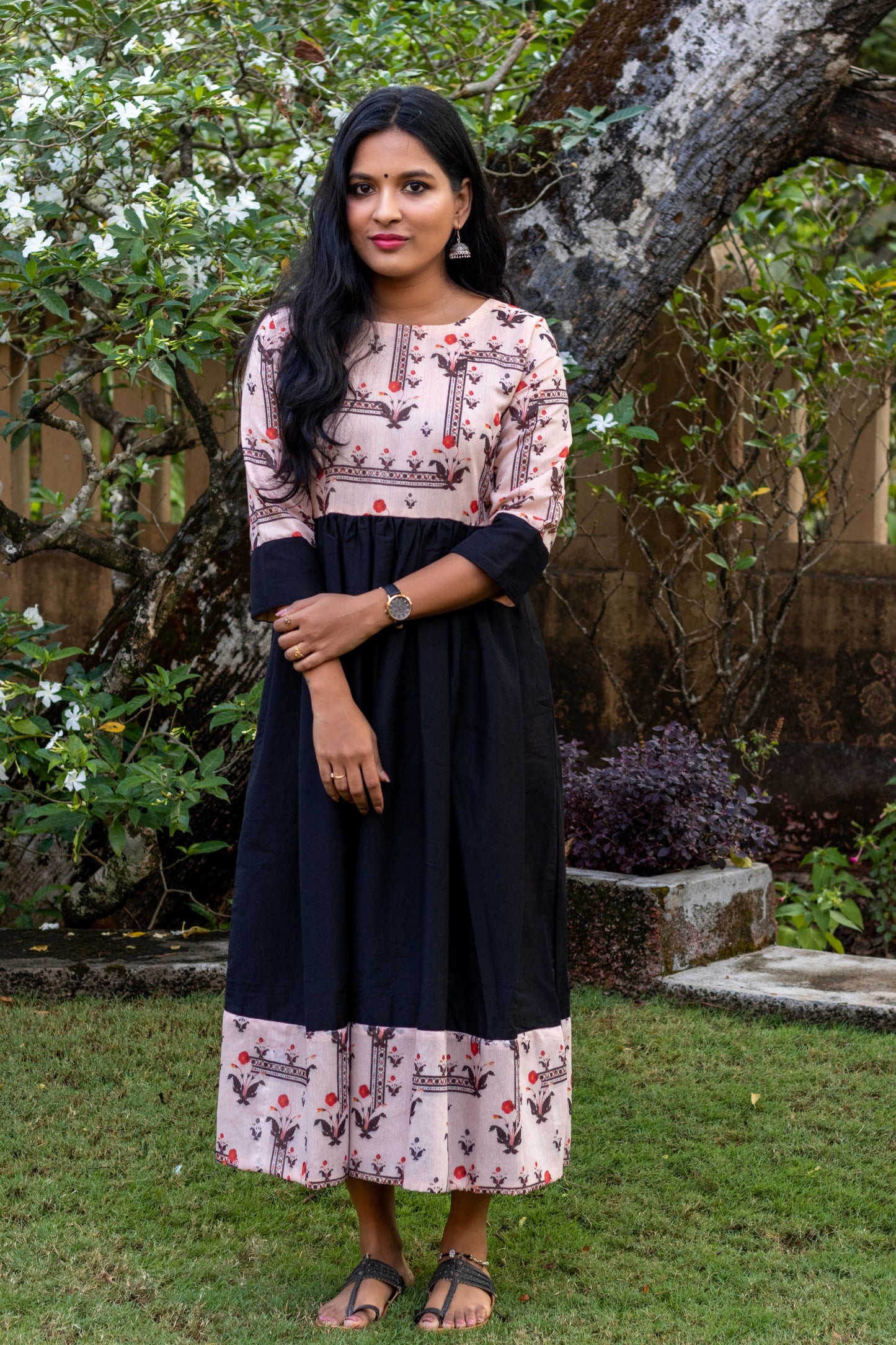 Peach & Black Chanderi with Raw Cotton Dress