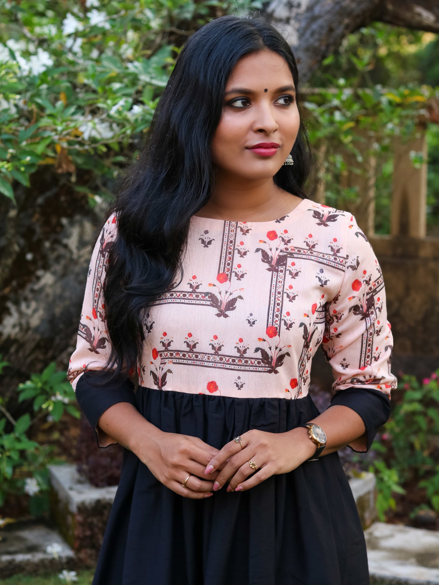 Peach & Black Chanderi with Raw Cotton Dress