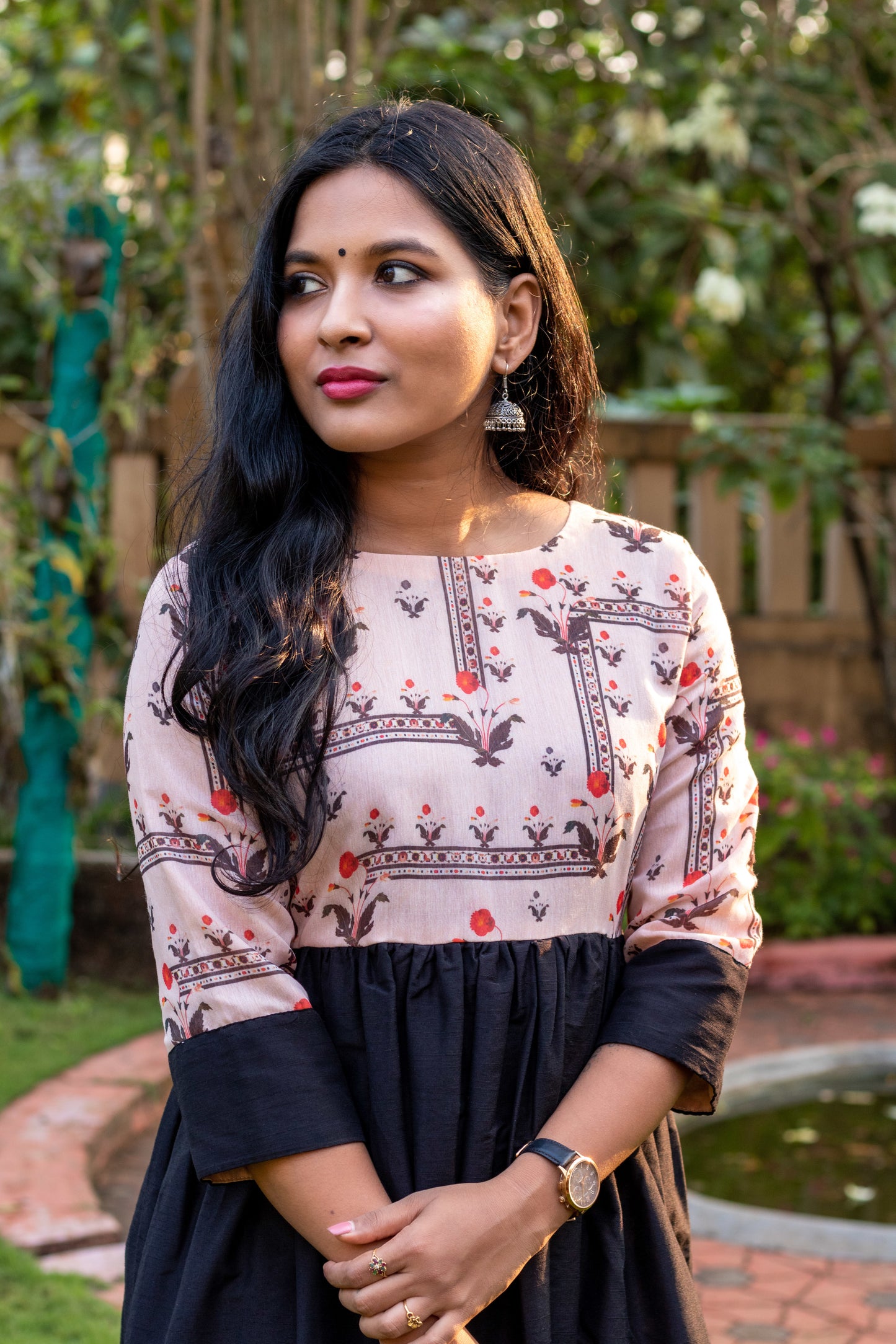 Peach & Black Chanderi with Raw Cotton Dress