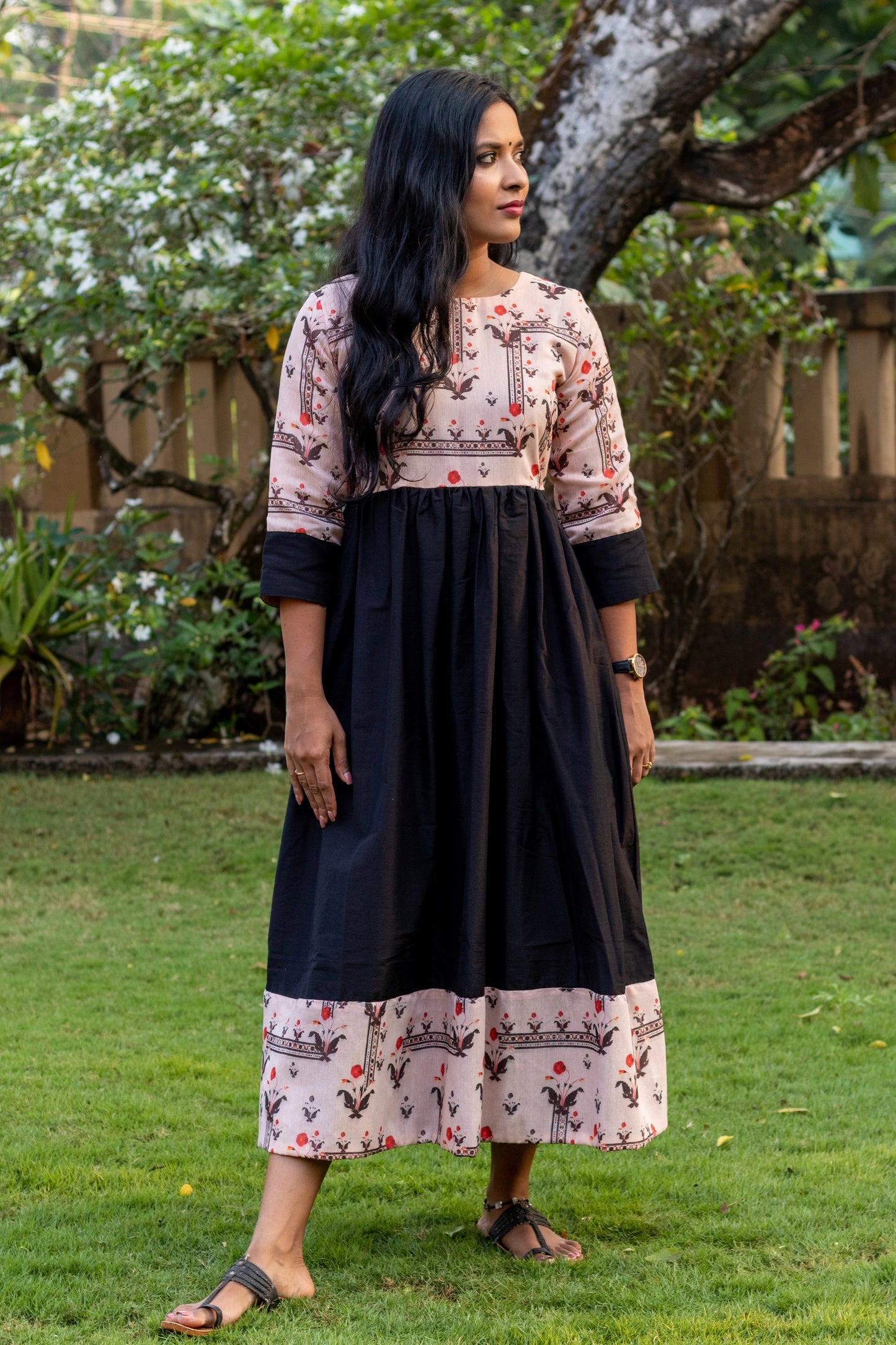 Peach & Black Chanderi with Raw Cotton Dress