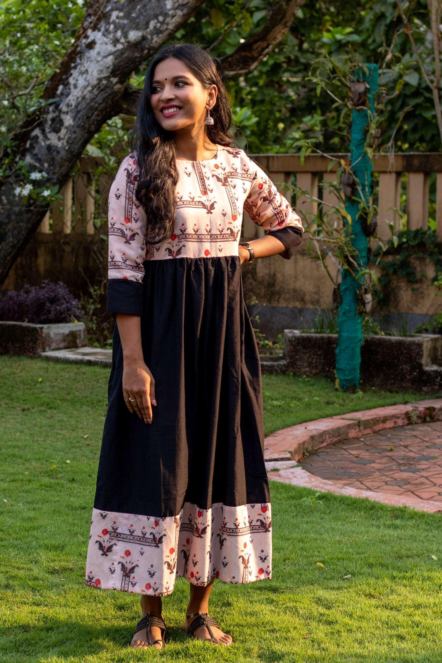 Peach & Black Chanderi with Raw Cotton Dress