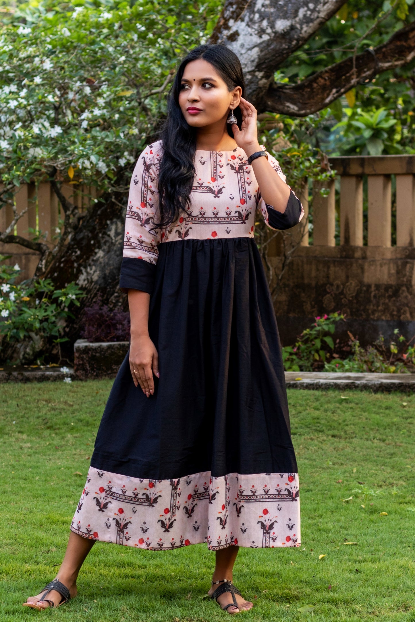 Peach & Black Chanderi with Raw Cotton Dress