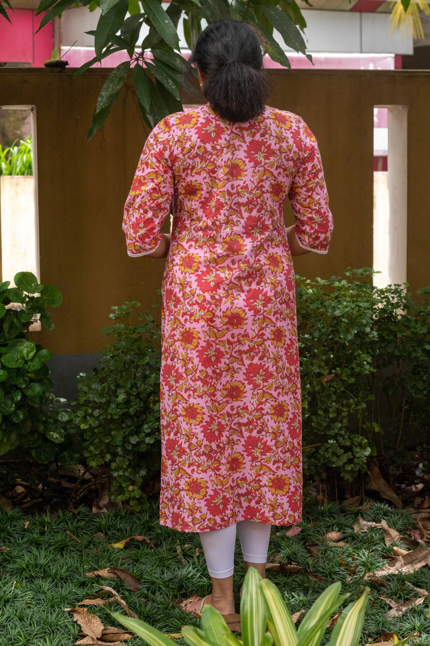 Pink Floral Block Printed Ruffled Kurta With Lace Work