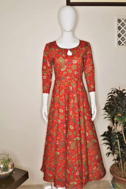 Red Block Printed Anarkali