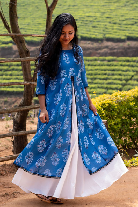 Royal Blue & White Double Layered Kurta - Dress