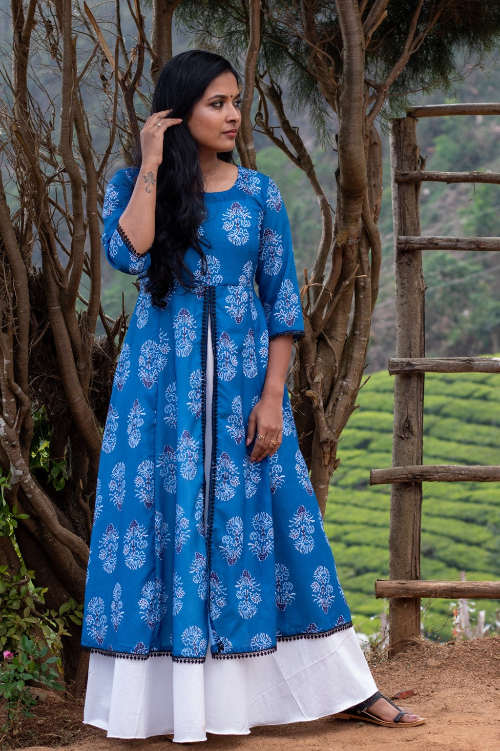 Royal Blue & White Double Layered Kurta - Dress