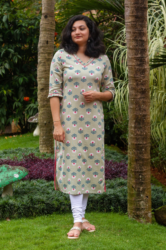 Sage Green with Pink Floral Kurta