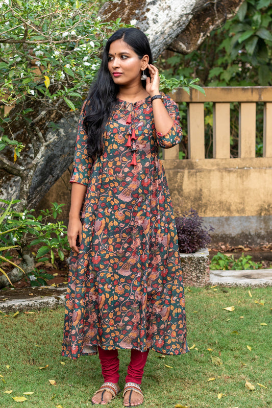 Teal Green with Rust Kalamkari Kurta