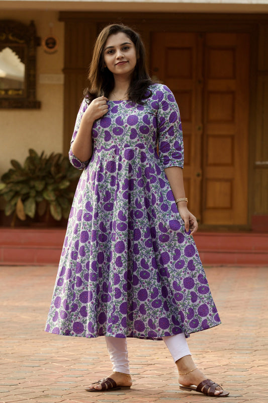 Violet Floral Block Printed Anarkali