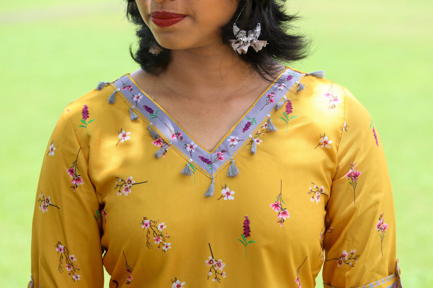 Yellow & Grey Floral Muslin Kurta & Palazzo Set