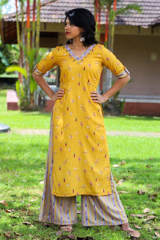 Yellow & Grey Floral Muslin Kurta & Palazzo Set