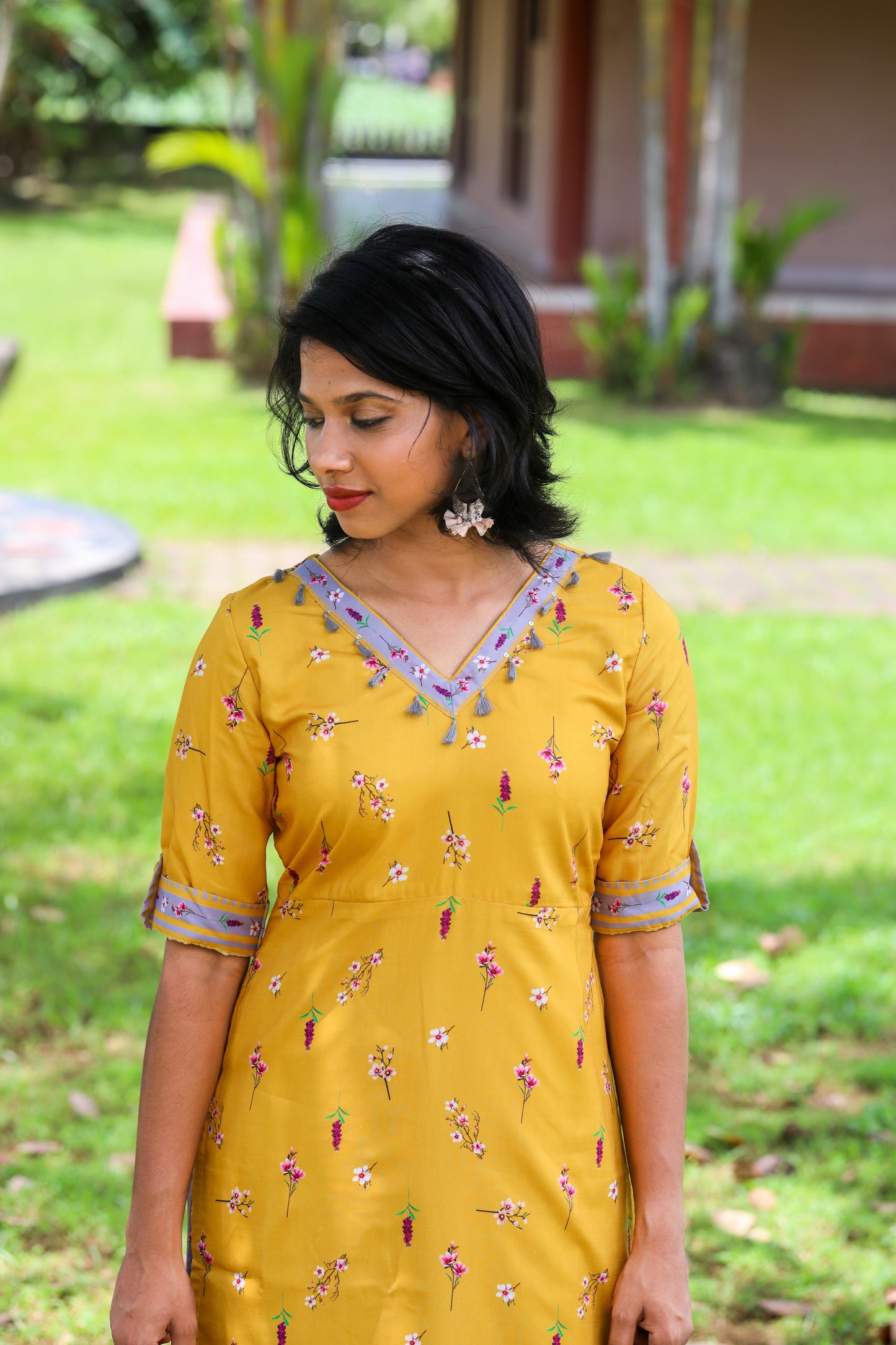 Yellow & Grey Floral Muslin Kurta & Palazzo Set