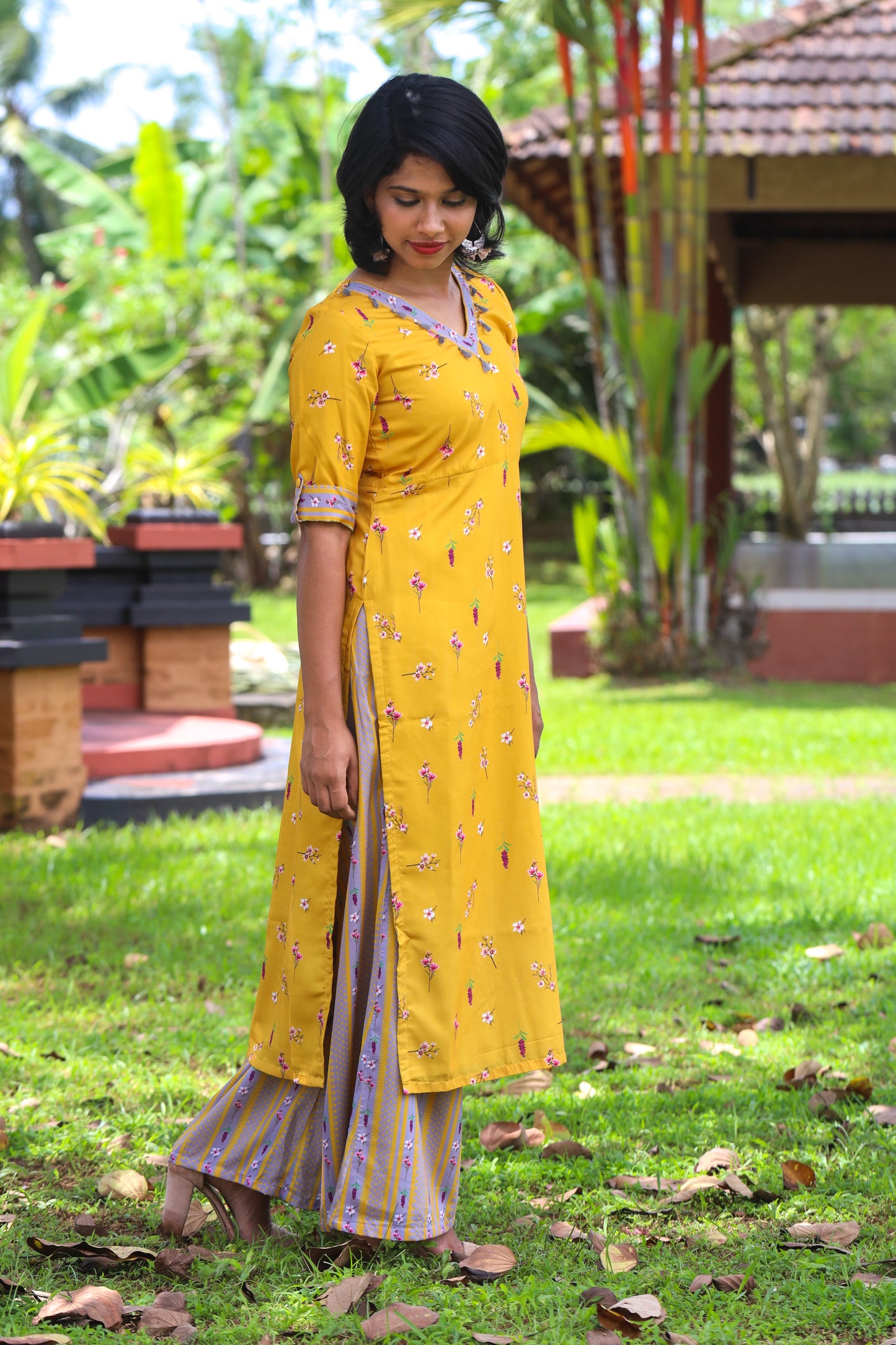 Yellow & Grey Floral Muslin Kurta & Palazzo Set