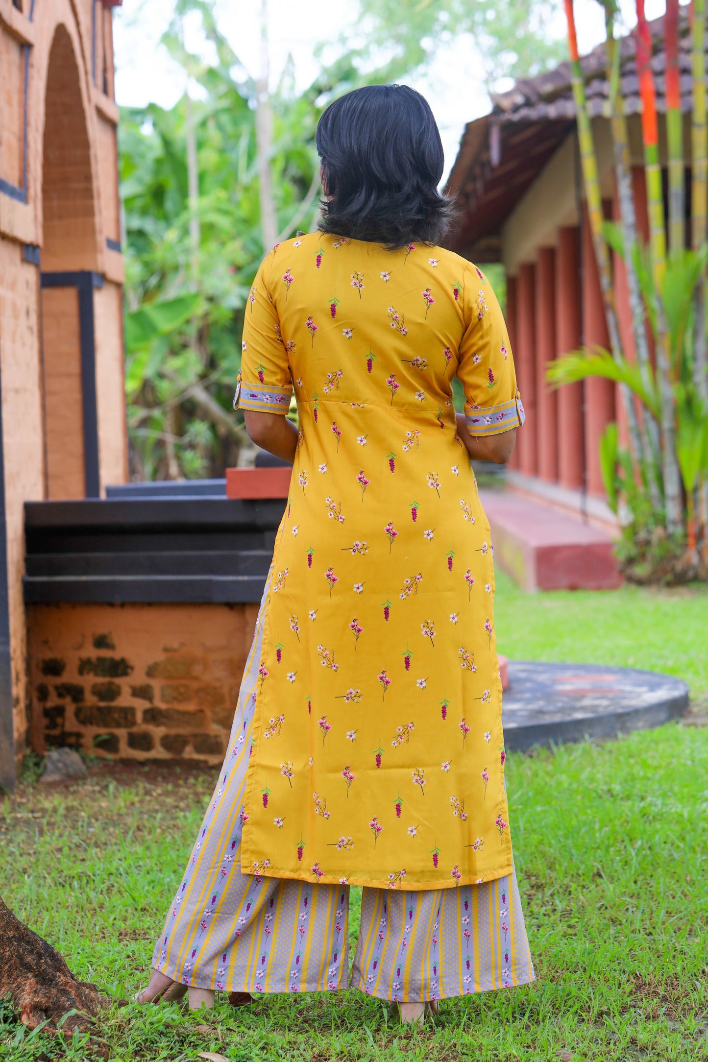 Yellow & Grey Floral Muslin Kurta & Palazzo Set