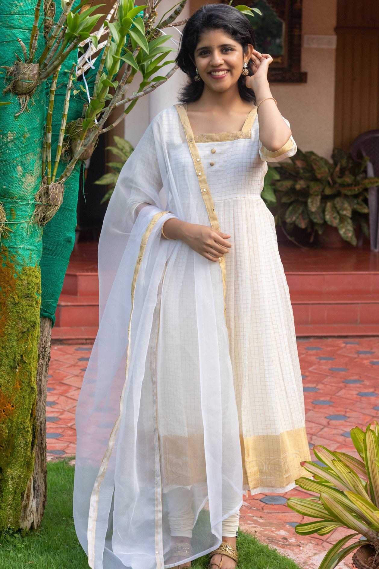 Kasavu Organza Pleated Anarkali with Dupatta