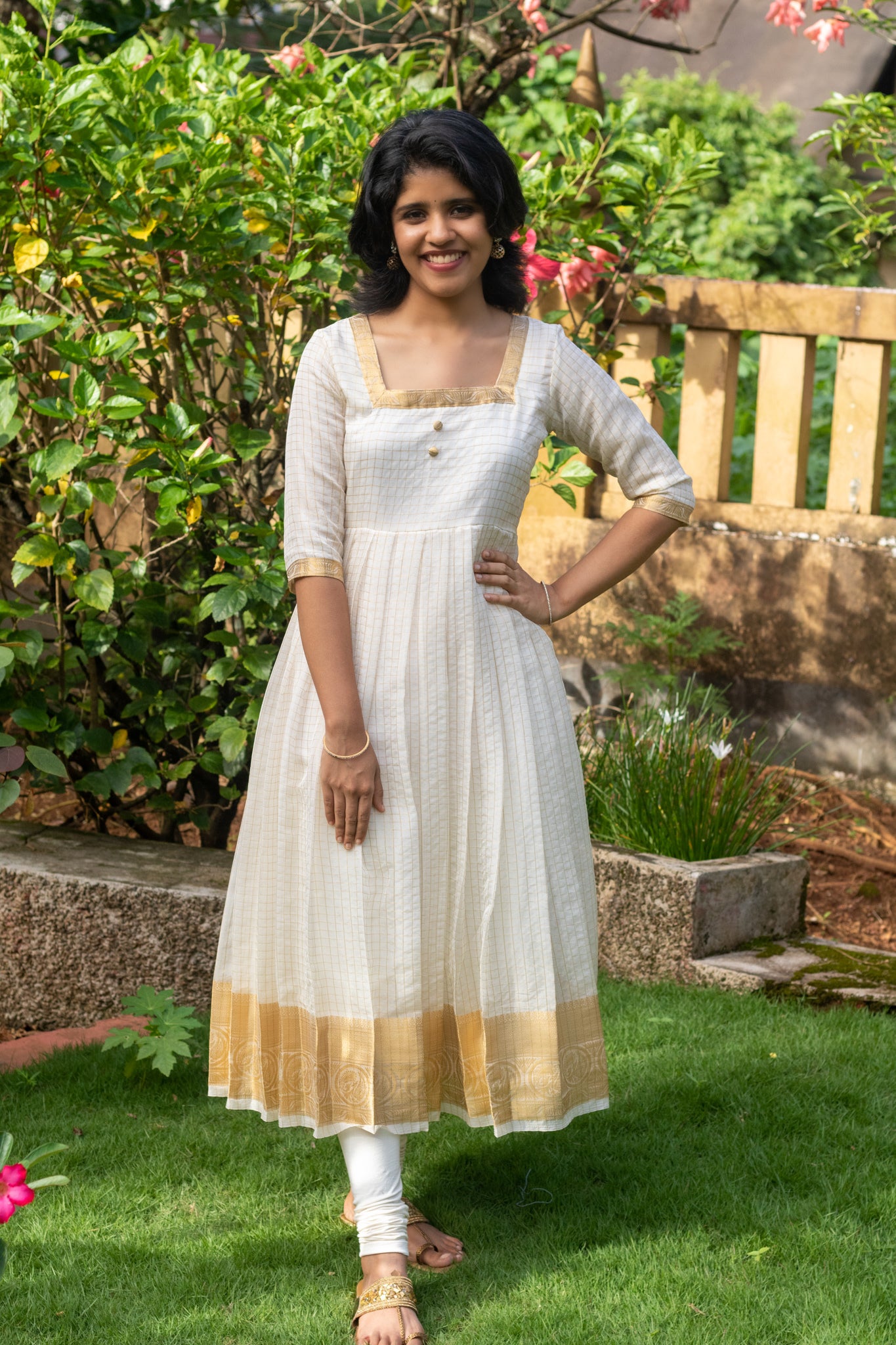 Kasavu Organza Pleated Anarkali with Dupatta