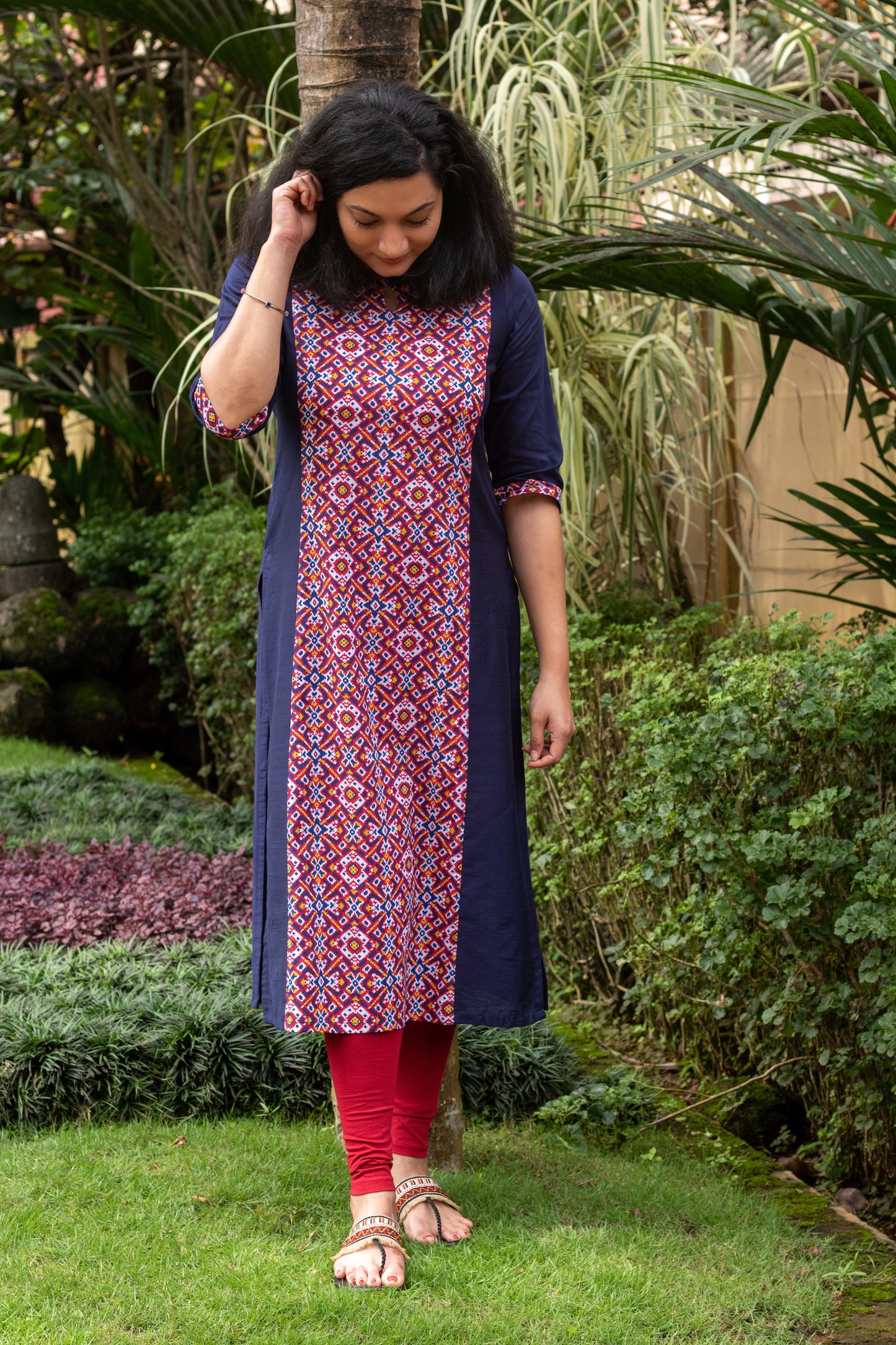 Navy Blue with Red Patola Straight Cut Kurta
