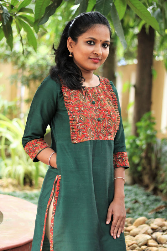 Dark Green Straight Cut Kurta with Kalamkari Yoke