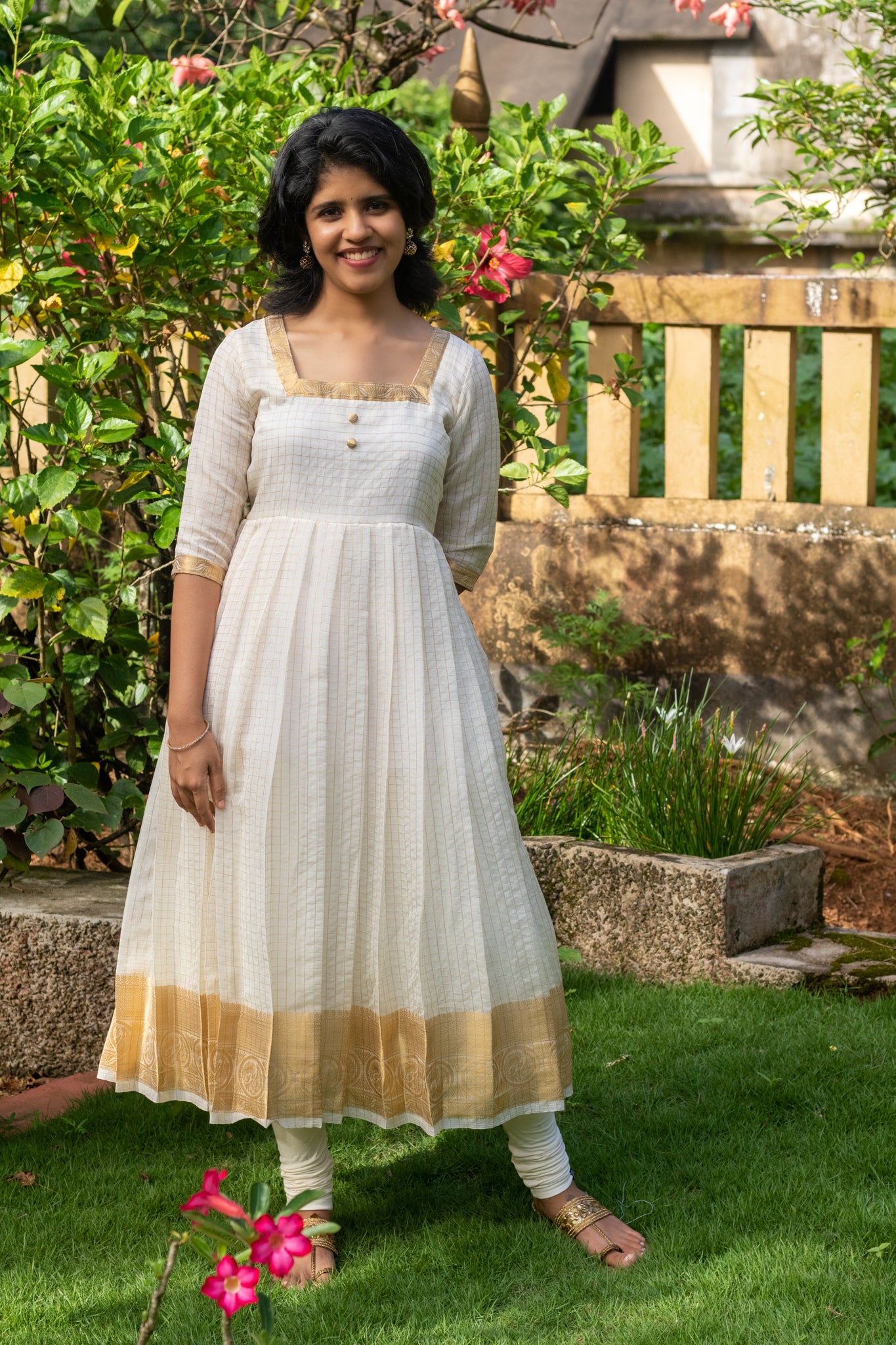 Kasavu Organza Pleated Anarkali with Dupatta