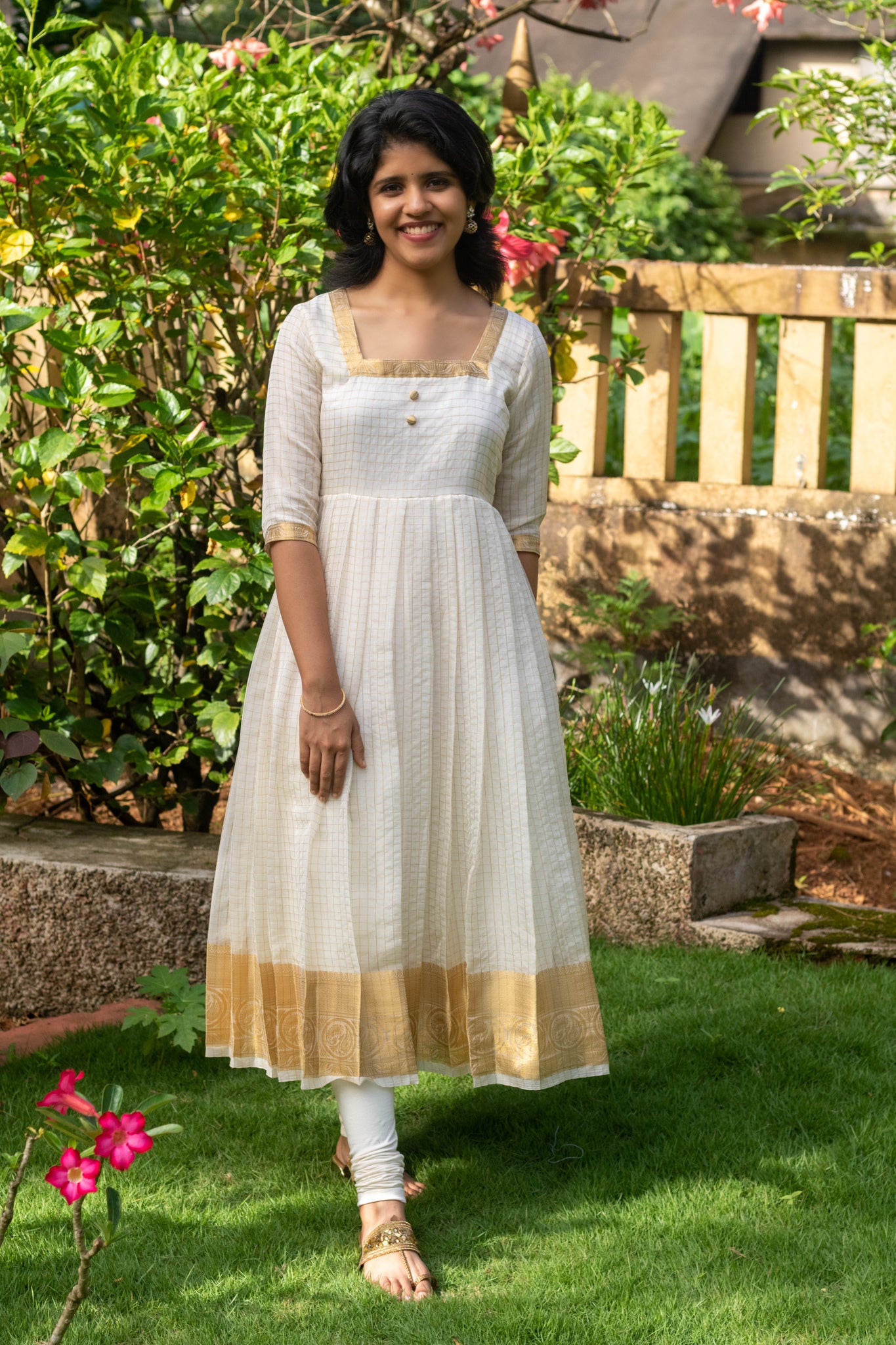 Kasavu Organza Pleated Anarkali with Dupatta