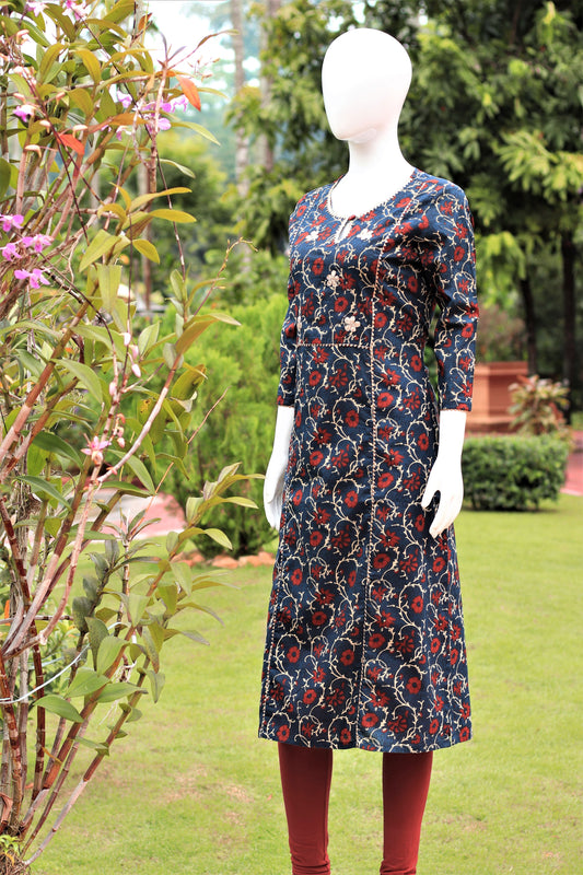 Navy Blue Floral Handblock Kurta