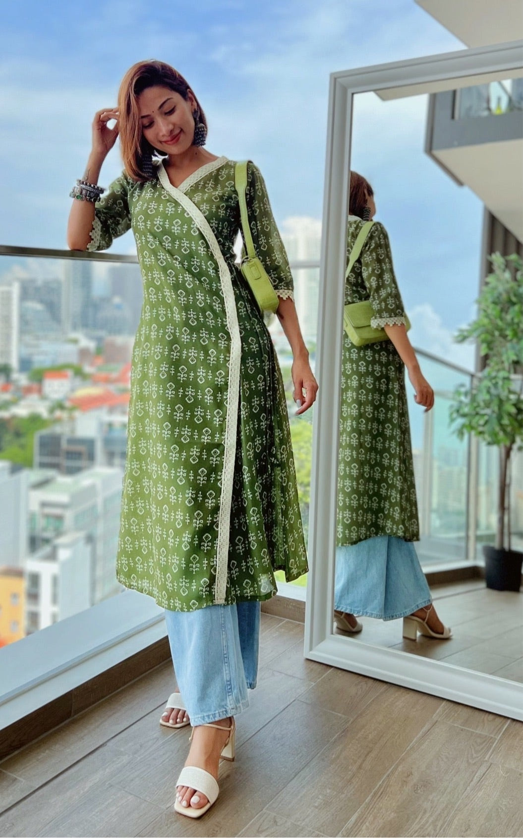 Green Cotton-Muslin Angrakha Kurta with Floral Lace Work