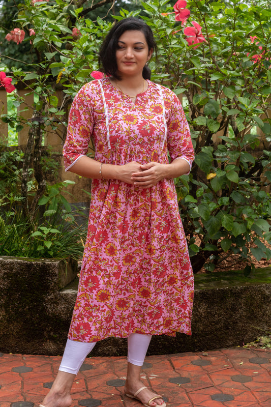 Pink Floral Block Printed Ruffled Kurta With Lace Work