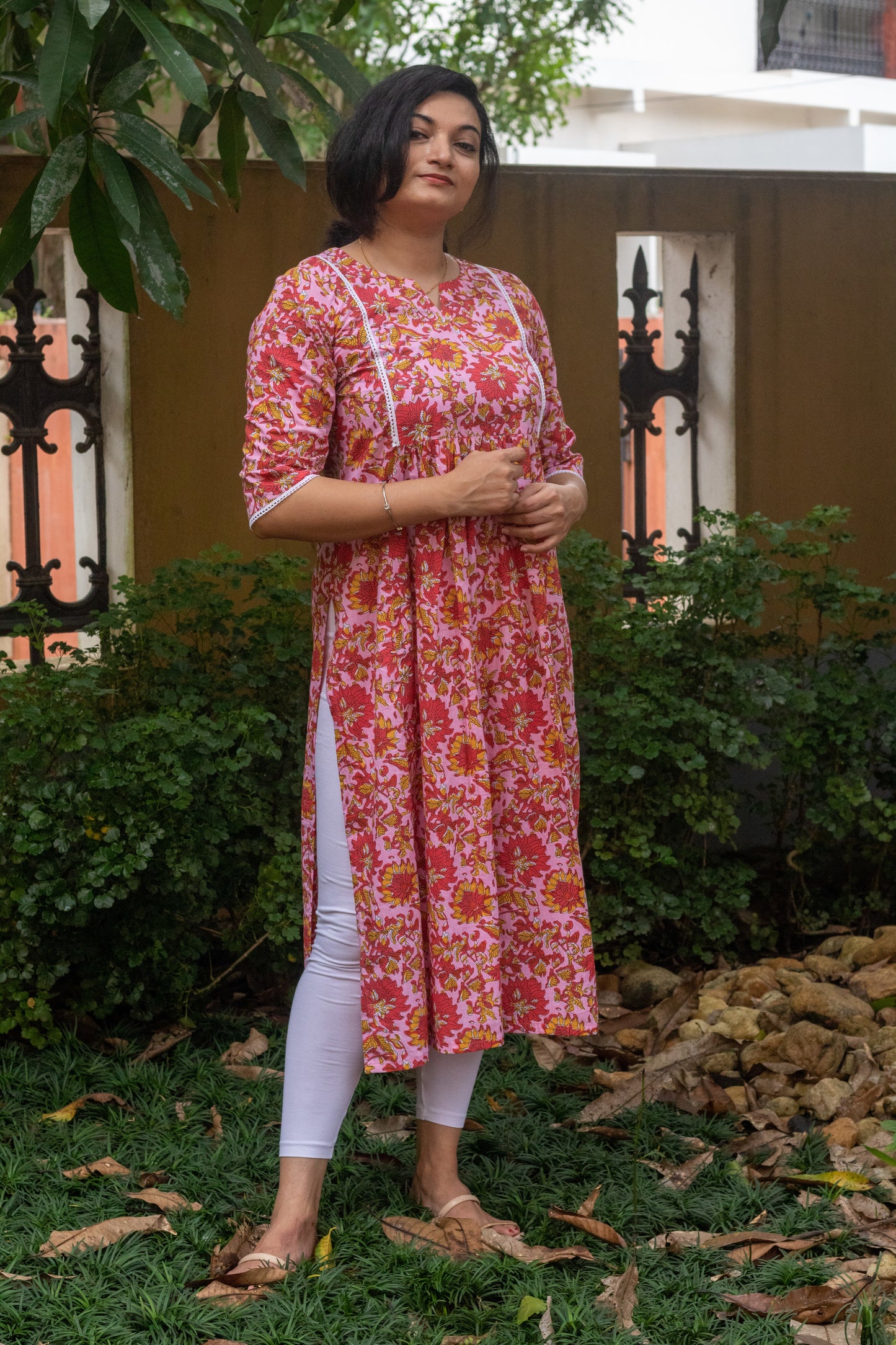 Pink Floral Block Printed Ruffled Kurta With Lace Work