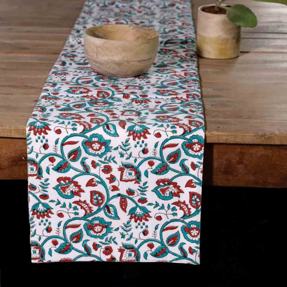 Blue & Red Block Printed Table Runner with Set of 6 Table Mats